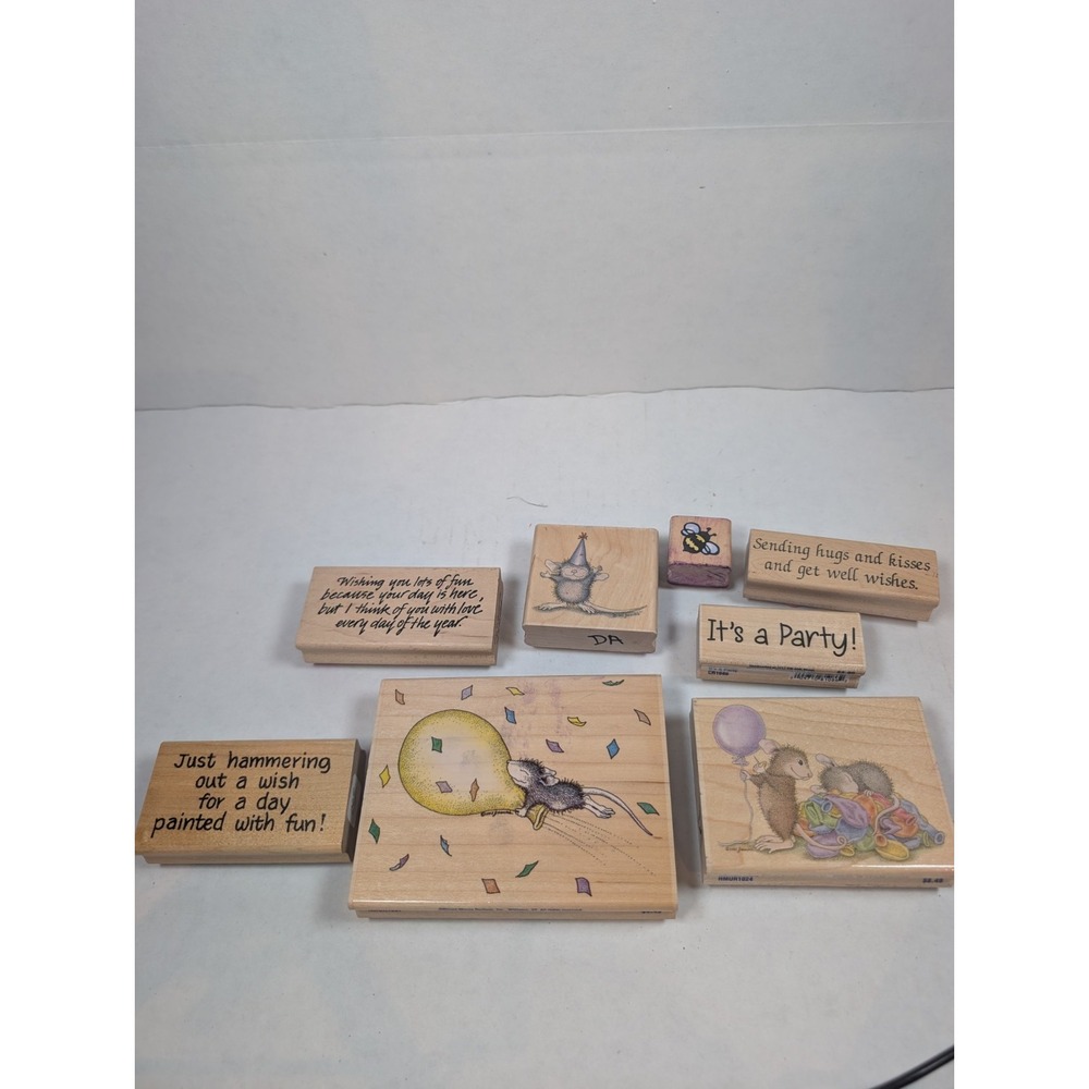 qHouse Mouse Rubber Stamp Lot 8pc Wood Mounted Birthday Party Greeting Stamps
